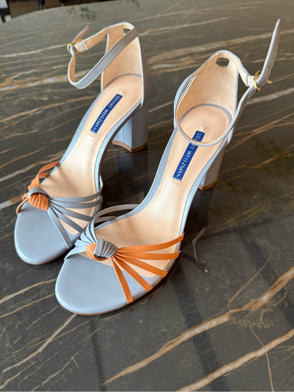 Stuart Weitzman Two-Tone Blue and Orange Strappy Block Heel Sandals